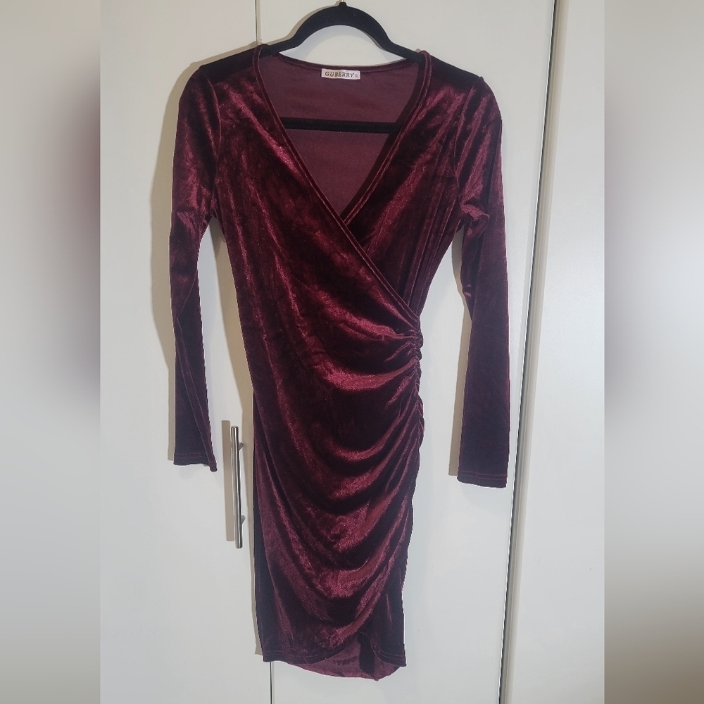 GUBERRY Womens Wrap V Neck Long Sleeve Velvet Bodycon Ruched Cocktail Party Dres